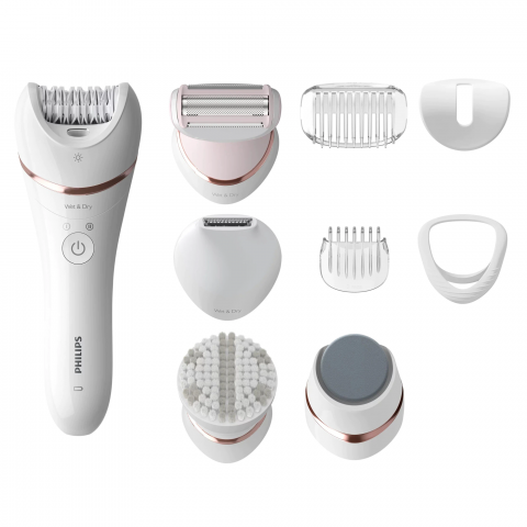 Epilator Clasic - Epilator umed si uscat Philips BRE740/10, 9 accesorii, 32 pensete, utilizare fara fir, 2 setari viteza, opti-light, discuri ceramice, Alb