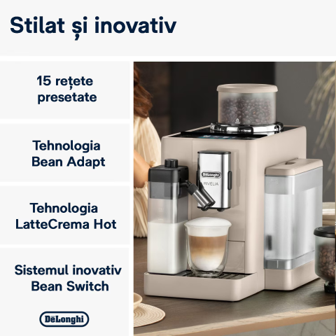 Espressor automat De’Longhi Rivelia EXAM440.55.BG, 18 bauturi, 2 recipiente pentru boabe, Tehnologie Bean Adapt, Carafa de lapte cu tehnologie LatteCrema, 1450W, 19 bar, Bej [2]