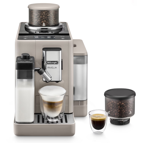 ESPRESSOARE SI CAFETIERE - RESIGILATE - Espressor automat De’Longhi Rivelia EXAM440.55.BG, 18 bauturi, 2 recipiente pentru boabe, Tehnologie Bean Adapt, Carafa de lapte cu tehnologie LatteCrema, 1450W, 19 bar, Bej