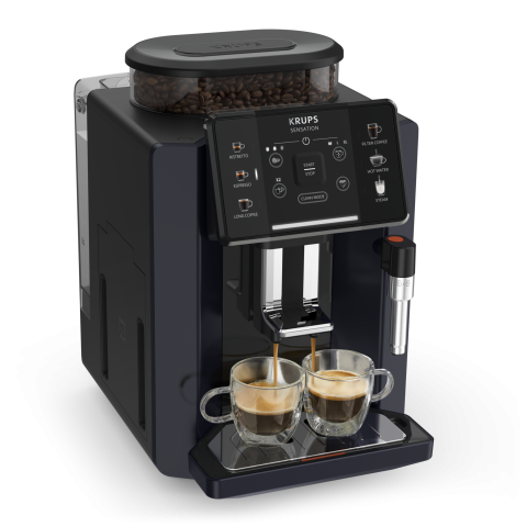 ESPRESSOARE SI CAFETIERE - RESIGILATE - Espressor automat KRUPS Sensation EA910B10, 5 retete, ecran tactil, presiune 15 bari, capacitate rezervor cafea 260g, duza de abur, 1450 W, Sistem Thermoblock Compact, negru & violet