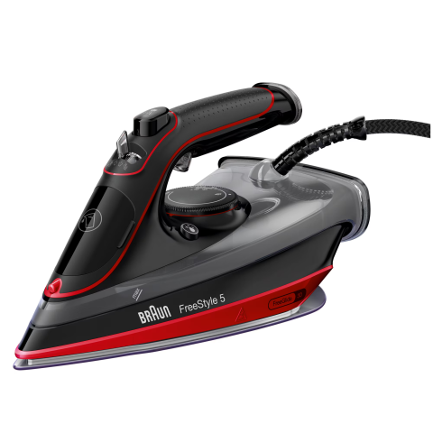 ELECTROCASNICE - RESIGILATE - Fier de calcat Braun FreeStyle 5 SI5057RD, 2700W, jet de abur 220g/min, abur variabil 0-50 g/min, talpa SuperCeramic, rezervor 300 ml, tehnologie FreeGlide, oprire automata, sistem antipicurare, negru