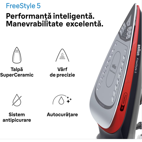 Fier de calcat Braun FreeStyle 5 SI5057RD, 2700W, jet de abur 220g/min, abur variabil 0-50 g/min, talpa SuperCeramic, rezervor 300 ml, tehnologie FreeGlide, oprire automata, sistem antipicurare, negru [1]