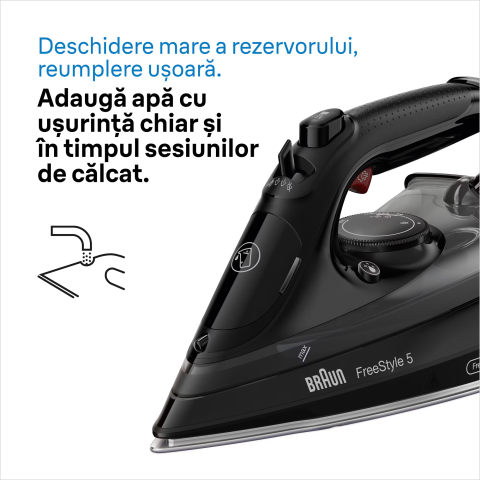Fier de calcat Braun FreeStyle 5 SI5088BK, 2800W, jet de abur 220g/min, abur variabil 0-50 g/min, talpa EloxalPlus, rezervor 300 ml, tehnologie FreeGlide, oprire automata, sistem antipicurare, negru [4]