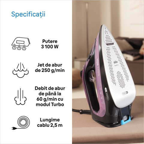 Fier de calcat Braun TexStyle 9 SI9661VI, 3100W, jet de abur 250g/min, abur variabil 0-60 g/min, talpa EloxalPlus, sistem ActiClean, rezervor 330 ml, tehnologie FreeGlide, oprire automata, sistem anti [3]