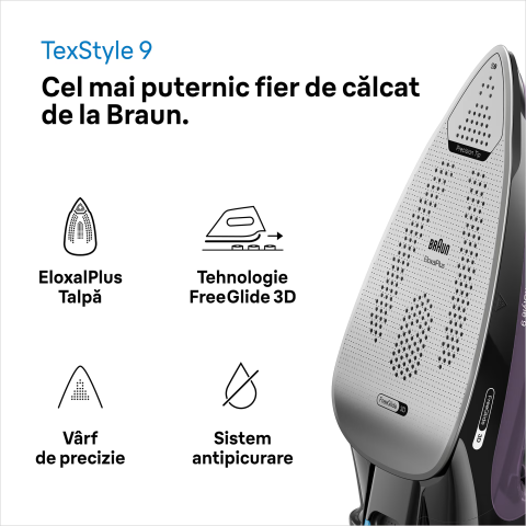 Fier de calcat Braun TexStyle 9 SI9661VI, 3100W, jet de abur 250g/min, abur variabil 0-60 g/min, talpa EloxalPlus, sistem ActiClean, rezervor 330 ml, tehnologie FreeGlide, oprire automata, sistem anti [2]