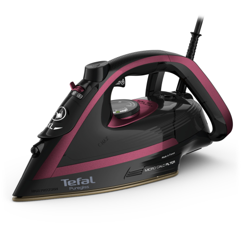 ARTICOLE DIVERSE - Fier de calcat cu abur Tefal Puregliss FV8065E0, abur variabil 50 g/min, jet de abur 280 g/min, 3000 W, sistem Micro Calc Filter, negru & visiniu