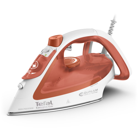 ELECTROCASNICE - RESIGILATE - Fier de calcat Tefal EasyGliss Eco FV5782E0, 2800 W, abur variabil 50 g/min, talpa Durilium Airglide, mod Eco, alb & portocaliu