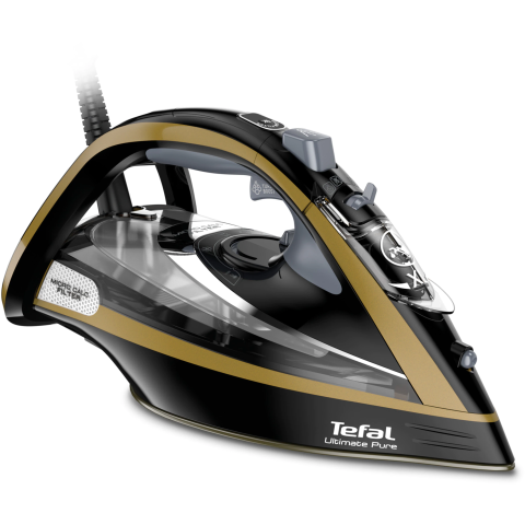ELECTROCASNICE - RESIGILATE - Fier de calcat Tefal Ultimate Pure FV9847E0, 3200W, jet de abur 260g/min, abur variabil 0-60g/min, rezervor apa 350ml, talpa Durilium AirGlide AutoClean, oprire automata, negru/auriu