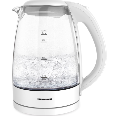 ESPRESSOARE SI CAFETIERE - RESIGILATE - Fierbator electric Heinner HEK-2200GWH, 1850-2200W, 1.7L, filtru detasabil, baza incalzire cu lumina LED, protectie impotriva functionarii fara apa, oprire automata, spatiu depozitare, cablu alimentar