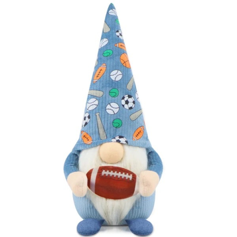 JUCARII - Figurina de plus, Tip Gnome, 38cm, cu Minge de Rugby, Palarie Multisport, albastru