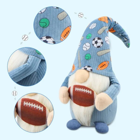 Figurina de plus, Tip Gnome, 38cm, cu Minge de Rugby, Palarie Multisport, albastru [2]