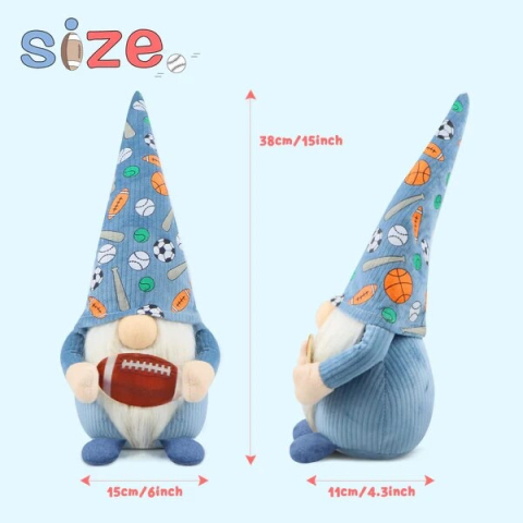 Figurina de plus, Tip Gnome, 38cm, cu Minge de Rugby, Palarie Multisport, albastru [1]