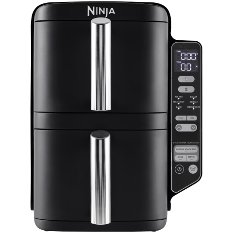 ELECTROCASNICE - RESIGILATE - Friteuza cu aer cald Ninja Double Stack SL300, 2470W, 7.6l, 6 functii de gatit, 2 sertare suprapuse cu acoperire ceramica, 2 placi Crisp cu invelis ceramic, cu 75% mai putine grasimi, pana la 240°C, 2