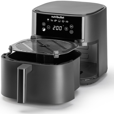 APARATE FRIGORIFICE - Friteuza cu aer cald Nutribullet CrispLite NBA0611DG, sertar si grill ceramic, 1700 W, 6L, 6 programe automate, display digital, gatire fara ulei, gri inchis