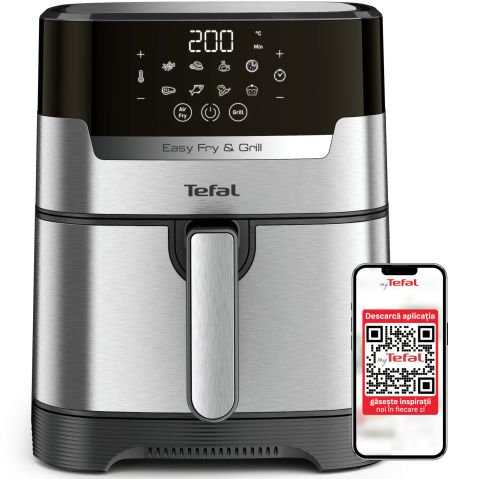 ELECTROCASNICE - RESIGILATE - Friteuza cu aer cald Tefal Easy Fry&Grill 2in1 air fryer EY505D15, 1400W, 4.2L, temperatura ajustabila, 8 programe, functie grill cu gratar incorporat, tehnologie Extra Crisp, vas detasabil, argintiu