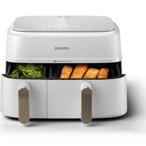 Friteuza dubla cu aer cald Philips Airfryer Seria 3000 NA353/10, 2 cosuri de gatit, capacitate 9L, afisaj digital, ecran tactil, 8 programe presetate, tehnologie RapidAir Plus, Culoare: alb [3]