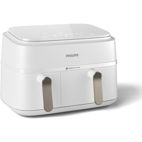 Friteuza dubla cu aer cald Philips Airfryer Seria 3000 NA353/10, 2 cosuri de gatit, capacitate 9L, afisaj digital, ecran tactil, 8 programe presetate, tehnologie RapidAir Plus, Culoare: alb [1]