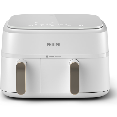 ELECTROCASNICE - RESIGILATE - Friteuza dubla cu aer cald Philips Airfryer Seria 3000 NA353/10, 2 cosuri de gatit, capacitate 9L, afisaj digital, ecran tactil, 8 programe presetate, tehnologie RapidAir Plus, Culoare: alb