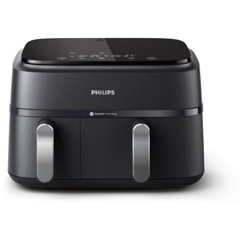 ELECTROCASNICE - RESIGILATE - Friteuza dubla fara ulei Philips Airfryer Seria 3000 NA351/00, tehnologia Rapid Air, 2 recipiente de 2 dimensiuni, afisaj digital, 8 presetari, capacitate 9 litri, cronometru, compatibila cu HomeID