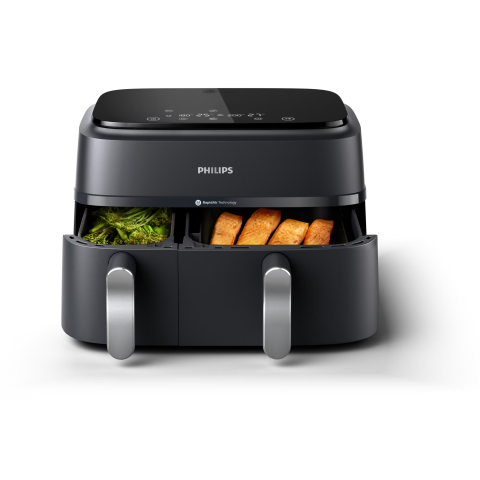 Friteuza dubla fara ulei Philips Airfryer Seria 3000 NA351/00, tehnologia Rapid Air, 2 recipiente de 2 dimensiuni, afisaj digital, 8 presetari, capacitate 9 litri, cronometru, compatibila cu HomeID [1]