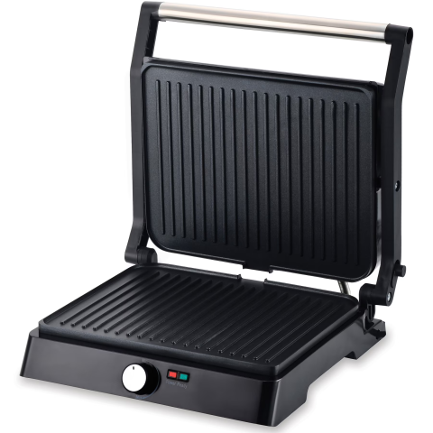 Gratar electric Heinner HEPG-F2000BKSS, placi fixe antiadezive, deschidere 180°, temperatura reglabila, Negru/Inox [1]