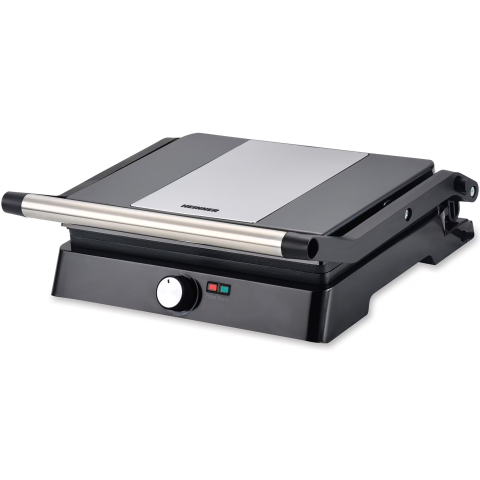 ELECTROCASNICE - RESIGILATE - Gratar electric Heinner HEPG-F2000BKSS, placi fixe antiadezive, deschidere 180°, temperatura reglabila, Negru/Inox