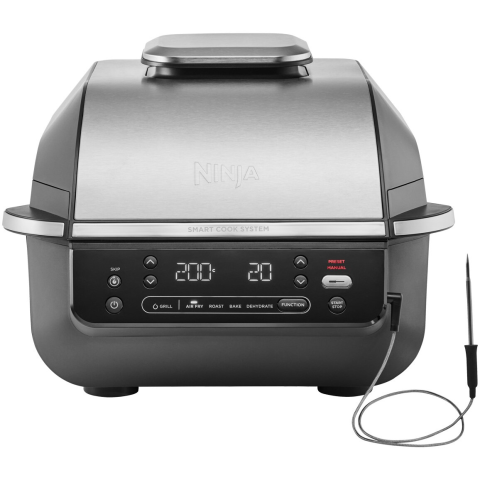 MASINI DE SPALAT VASE - Gratar electric si airfryer Ninja Foodi AirGrill EG351EU, 1760 W, functie friteuza aer cald, 5 functii, 40°- 265°C, display digital, invelis ceramic, termometru digital, negru-argintiu