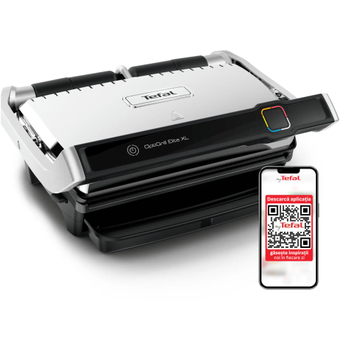 ELECTROCASNICE - RESIGILATE - Gratar electric Tefal OptiGrill Elite XL GC760D30, 2200W, 16 programe de gatit, senzor de gatire, indicator pentru nivelul de gatire, placi 40x20cm detasabile, termostat reglabil, negru/inox