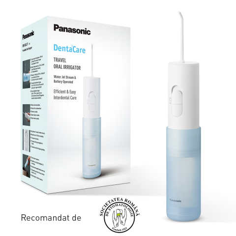 Igiena Orala - Irigator bucal Panasonic EW-DJ11-A503, 2 trepte de presiune, Portabil, 20min autonomie (2xAA), Capacitate 150ml, Alb