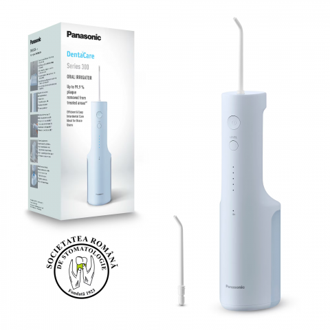 Igiena Orala - Irigator bucal Panasonic EW-DJ26-A303, aprox. 590kPa presiune apa, 5 trepte de presiune, portabil, 2duze incluse, Capacitate rezervor 200ml, Albastru