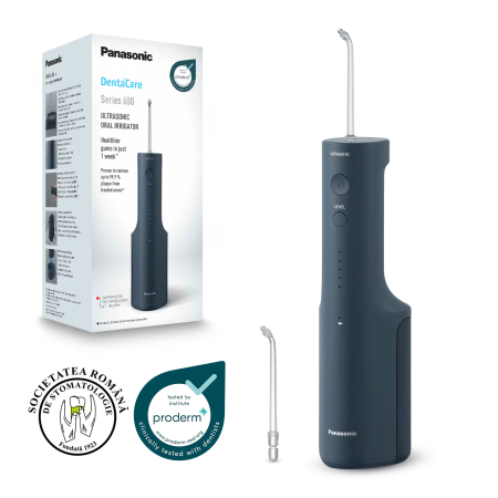Igiena Orala - Irigator bucal Panasonic Ultrasonic EW-DJ66-A303, aprox. 647kPa presiune apa, 5 trepte de reglare presiune, portabil, 2duze Ultrasonice incluse, Capacitate rezervor 200 ml, Albastru
