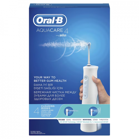 Irigator bucal portabil Oral-B AquaCare 4, Tehnologie Oxyjet, 2 intensitati, 3 fluxuri de apa, 2 capete, fara fir, Alb [2]
