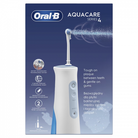 Irigator bucal portabil Oral-B AquaCare 4, Tehnologie Oxyjet, 2 intensitati, 3 fluxuri de apa, 2 capete, fara fir, Alb [1]