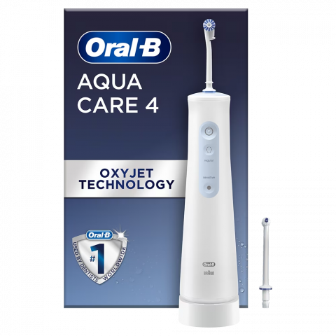 Igiena Orala - Irigator bucal portabil Oral-B AquaCare 4, Tehnologie Oxyjet, 2 intensitati, 3 fluxuri de apa, 2 capete, fara fir, Alb