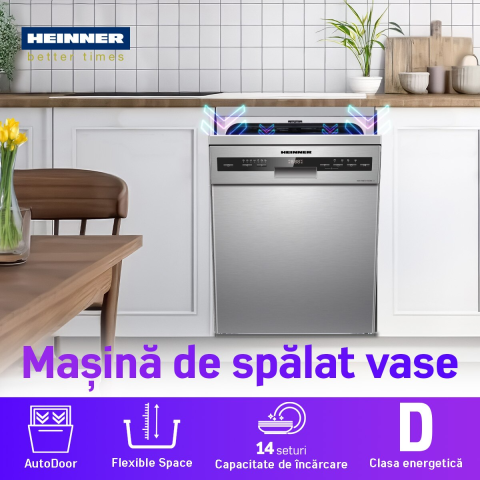 Masina de spalat vase Heinner HDW-FSM60714AXD+++, 14 seturi, 7 programe, Clasa D, Auto-Door opening, Display led, Program auto, Program hygiene, Program pahare, Extra uscare, Strong wash, Sertar tacam [1]