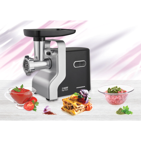 Masina de tocat carne Heinner MG-2100BKSL, 2100 W, Accesoriu rosii, Cutit Inox, Negru/Argintiu [2]