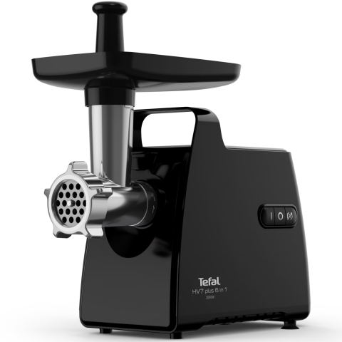 MASINI DE TOCAT SI APARATE DE VIDAT - Masina de tocat carne Tefal HV7 Plus 6 in 1 NE553838, 2000 W, 2.8 kg/min, accesorii pentru kebbe, carnati, suc de rosii, 3 grile din inox, functie reverse, negru