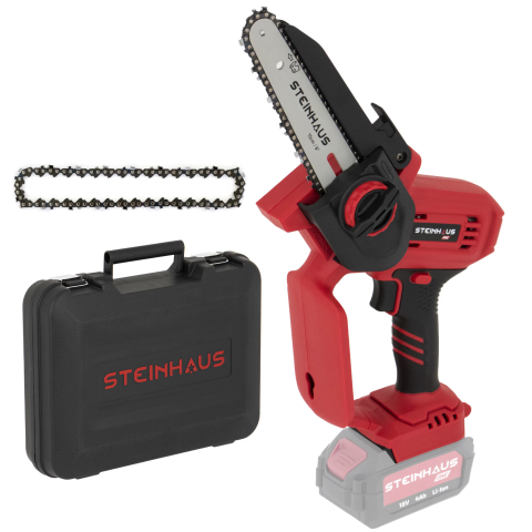 FIERASTRAIE SI POLIZOARE UNGHIULARE - Mini fierastrau electric (mini drujba) cu lant pe acumulator, Steinhaus ONE 18V, PRO-ONE-PS, lungime lama 15cm, pas lant 1/4, viteza lant 6.5 m/s, fara acumulator/incarcator, valiza transport si 2 lan