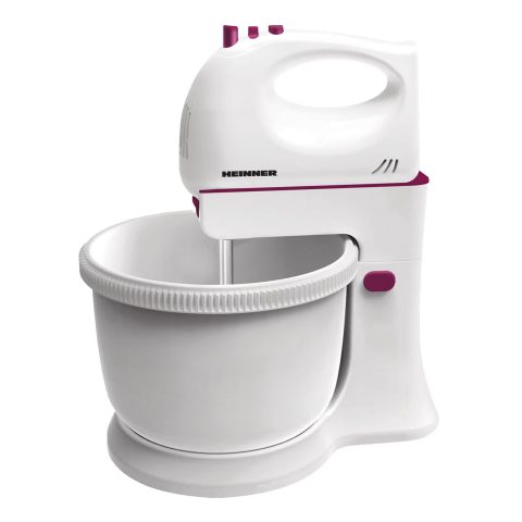 ELECTROCASNICE - RESIGILATE - Mixer cu bol Heinner Charm HMB-350BG, 300W, 5 viteze + turbo, teluri si palete inox, bol rotativ 2.5l, alb/visiniu