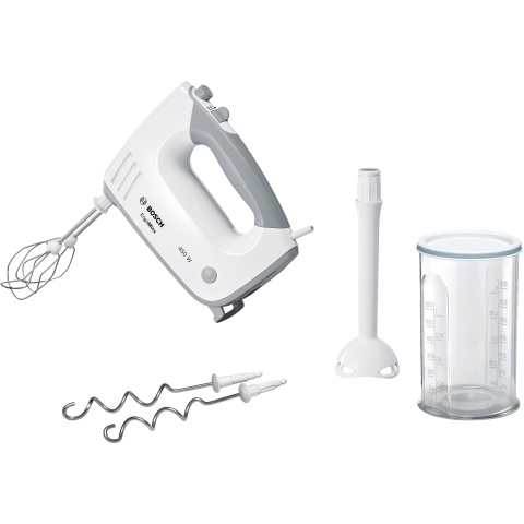 ELECTROCASNICE - RESIGILATE - Mixer de mana Bosch MFQ36440, 450 W, 5 viteze + Turbo, Pasator, Vas gradat, Alb/Gri