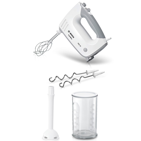Mixer de mana Bosch MFQ36440, 450 W, 5 viteze + Turbo, Pasator, Vas gradat, Alb/Gri [1]
