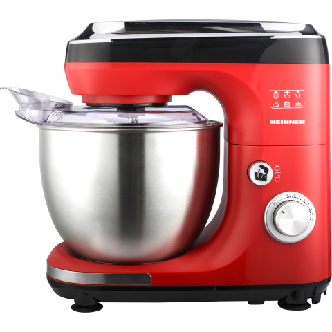 Mixer planetar cu bol Heinner HPM-600RD, 600W, Miscare eliptica, Bol inox 5l, Accesorii: tel inox, paleta si carlig din aluminiu turnat, Rosu/Negru [2]