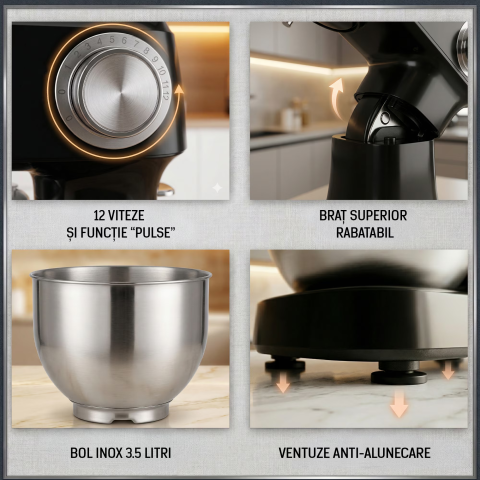Mixer planetar cu bol Heinner HPM-D750BK, 600W, 12 viteze, bol inox 3.5L, accesorii tel, paleta si carlig, negru [3]