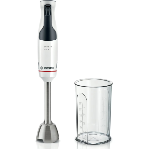 ELECTROCASNICE - RESIGILATE - Mixer vertical Bosch ErgoMaster MSM4W410, 800 W, cutit 4 lame si functie antisplash, cuplaj ceramic, picior mixare inoxidabil, pahar de masurare, Alb/ antracit