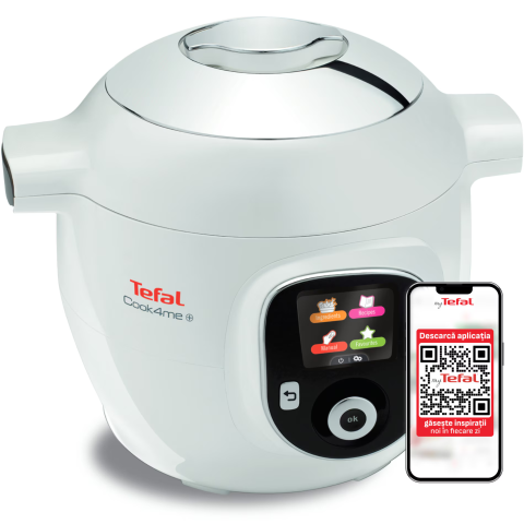 ELECTROCASNICE - RESIGILATE - Multicooker inteligent cu gatire sub presiune Tefal Cook4me+ CY851130, 1600W, vas ceramic antiaderent 6L, 6 moduri de gatit, 150 de retete preinstalate, functie pastrare la cald, alb