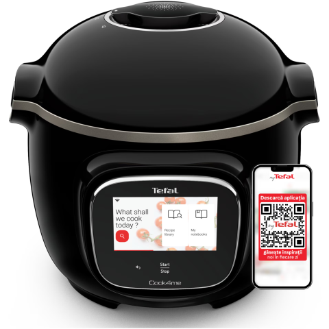 ELECTROCASNICE - RESIGILATE - Multicooker inteligent cu gatire sub presiune Tefal Cook4me Touch CY912831, 1600W, capacitate vas antiaderent 6L, 13 programe de gatire, Wi-Fi, ecran tactil LCD, aplicatie dedicata, pana la 6 persoane