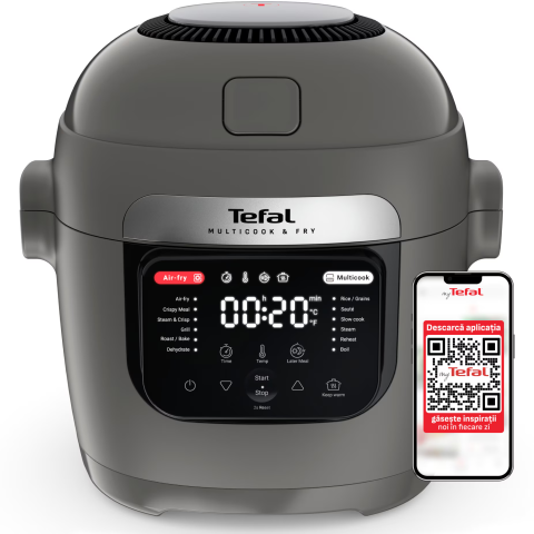 ELECTROCASNICE - RESIGILATE - Multicooker inteligent Tefal Multicook & Fry MY731BF0, 1200W, capacitate vas ceramic antiaderent 6L, 12 programe automate, functie aer cald, functie pastrare la cald, temperatura reglabila, gri