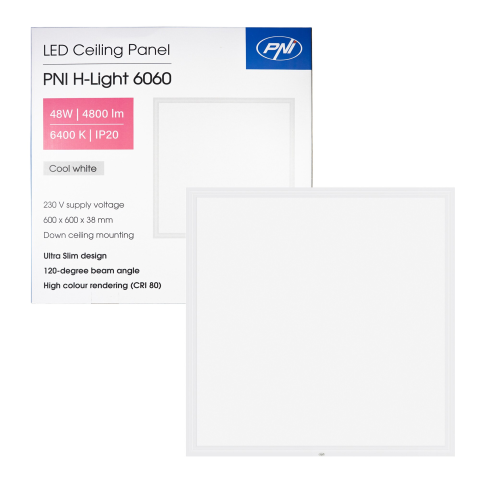 ELECTROCASNICE - RESIGILATE - Panou LED PNI H-Light 6060 48W, 600x600mm, 4800lm, 6400K, de interior, incastrabil, alb rece