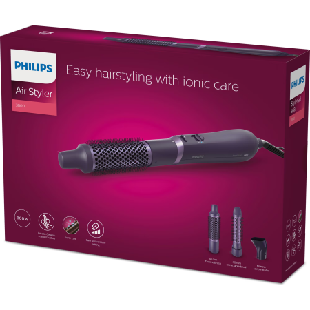 Perie cu aer cald Philips Seria 3000 BHA305/00, 800W, tehnologie cu ioni, 3 accesorii, diametru perie 38mm, setare temperatura de ingrijire si aer rece, infuzata cu cheratina [1]