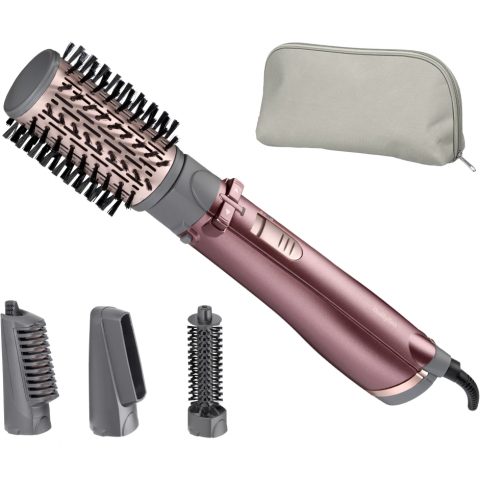 Articole Hair-Styling - Perie rotativa BaByliss AS960E, 1000W, Ionizare, 4 Accesorii, 2 Setari temperatura/viteza, Cool-Shot, geanta depozitare, Roz-Gri